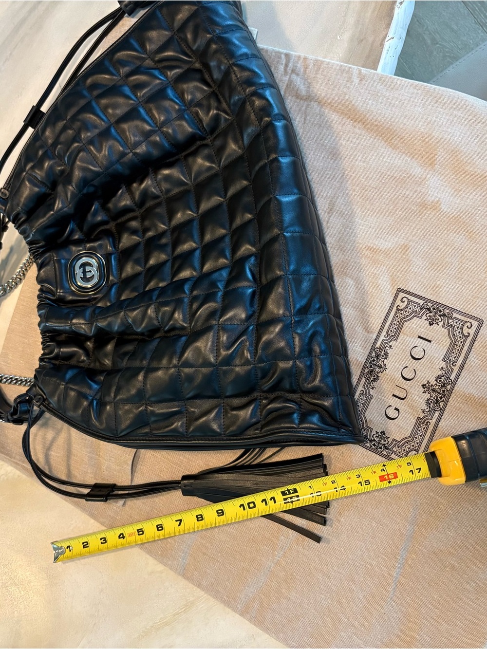 Gucci Black Quilted Leather Drawstring Shoulder Bag with tassels - Picture 11 of 13